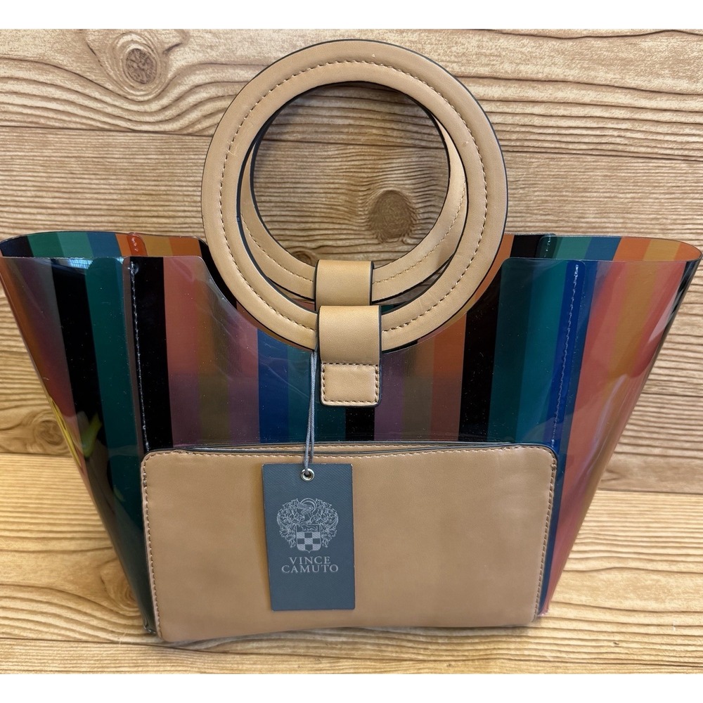New Vince Camuto Clea Clear Transparent Tote Bag Rainbow Striped Circle Handle